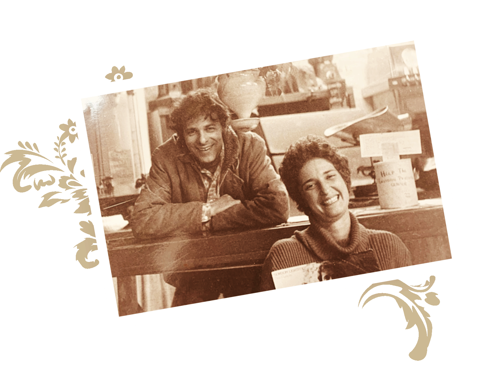 Joan and Paul Katzeff in 1972 inside the old roastery on Noyo Harbor
